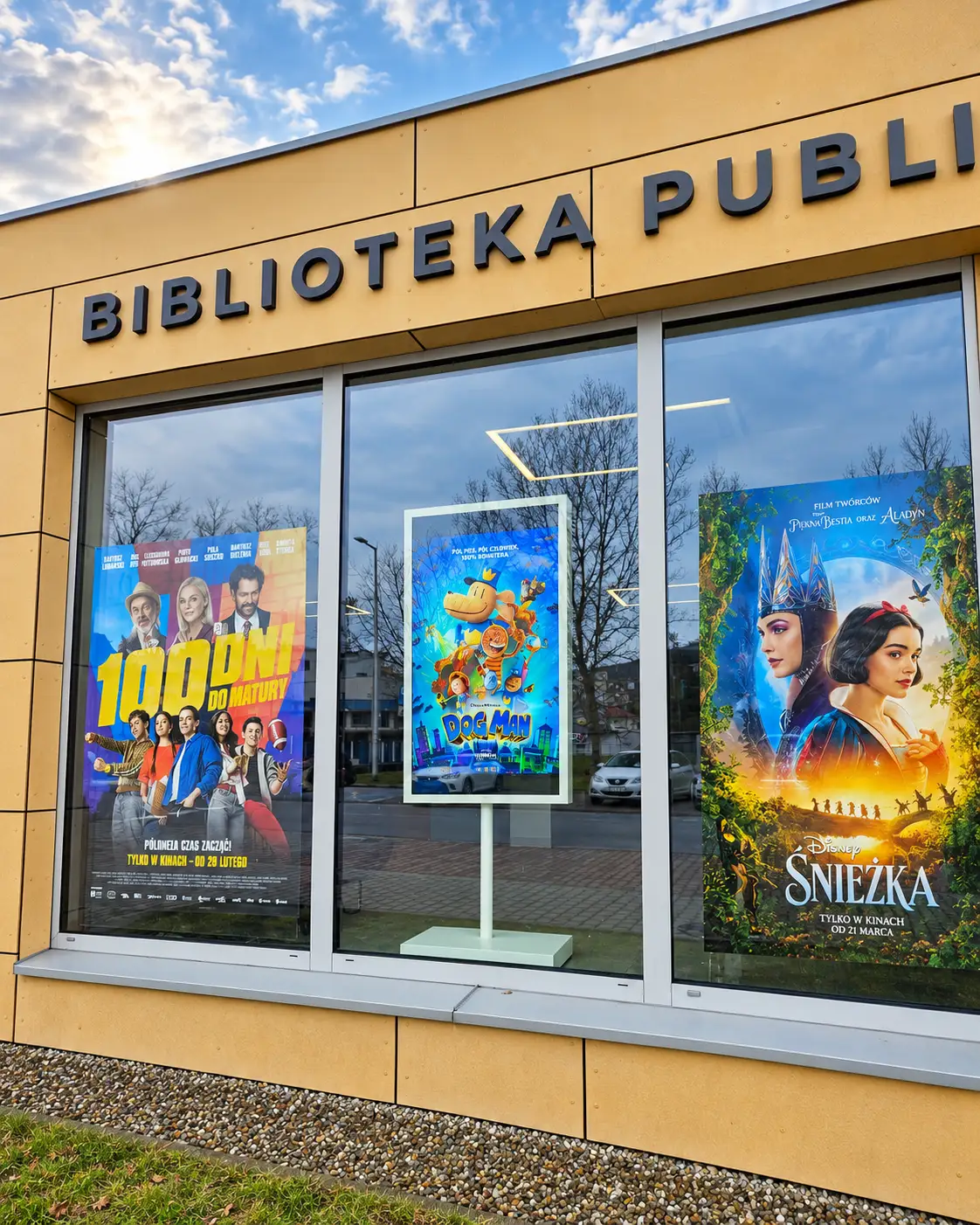 Fasada biblioteki z kinowymi plakatami i ekranem Digital Signage w Limanowej