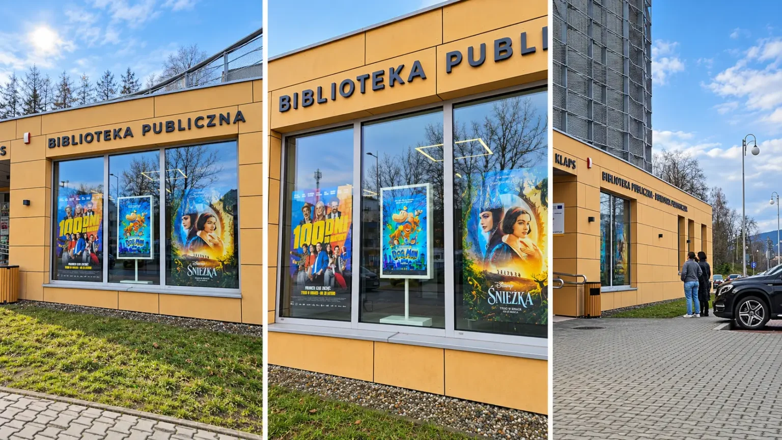 Kolaż realizacji monitora informacyjnego w Limanowskim Domu Kultury