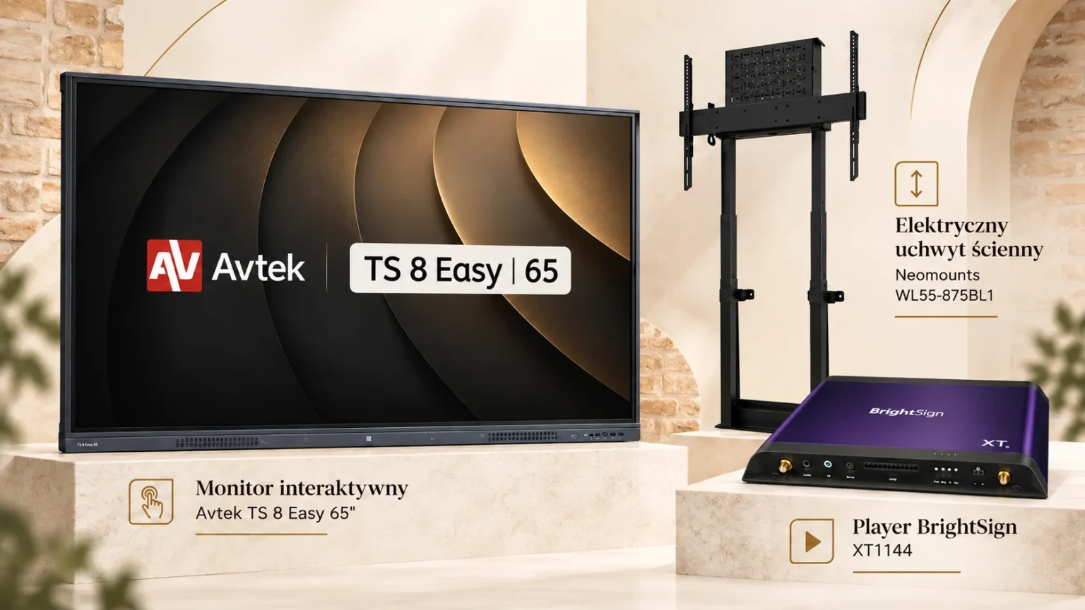 Zestaw urządzeń Digital Signage: monitor Avtek TS 8 Easy 65”, odtwarzacz BrightSign XT1144 i uchwyt Neomounts WL55-875BL1.